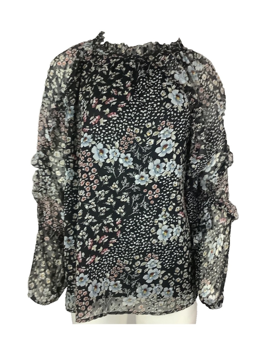 Loft Sz XXL Ruffle Sleeve Floral Chiffon Layered Business Casual Blouse Black